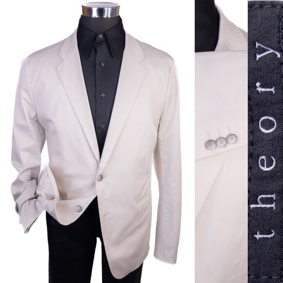 Theory Suit Jacket Sport Coat Blazer Sz 46L Solid Beige Cotton Blend 2-Button - Picture 1 of 14